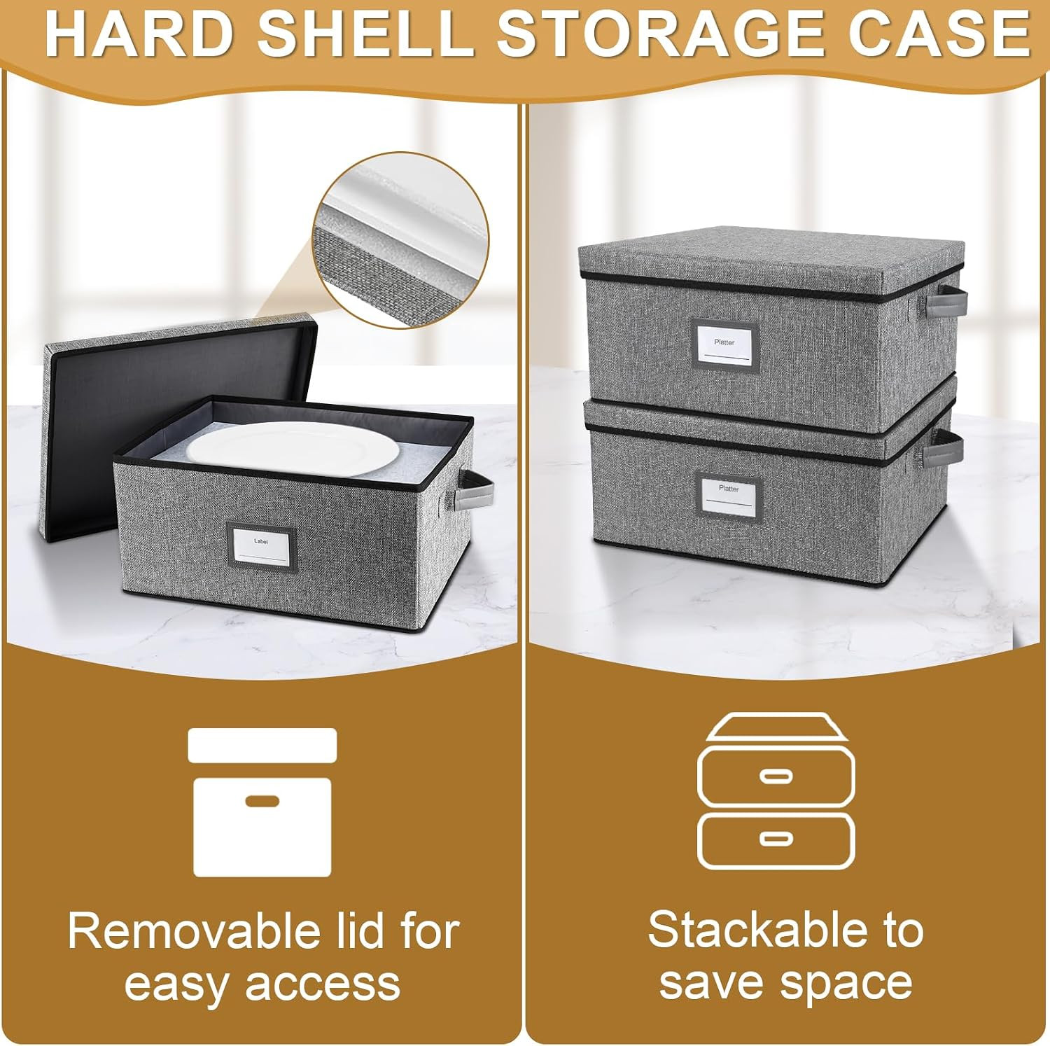 Stackable Platter Storage Case, Hard Shell Plate Containers with Dividers, 2-Pac