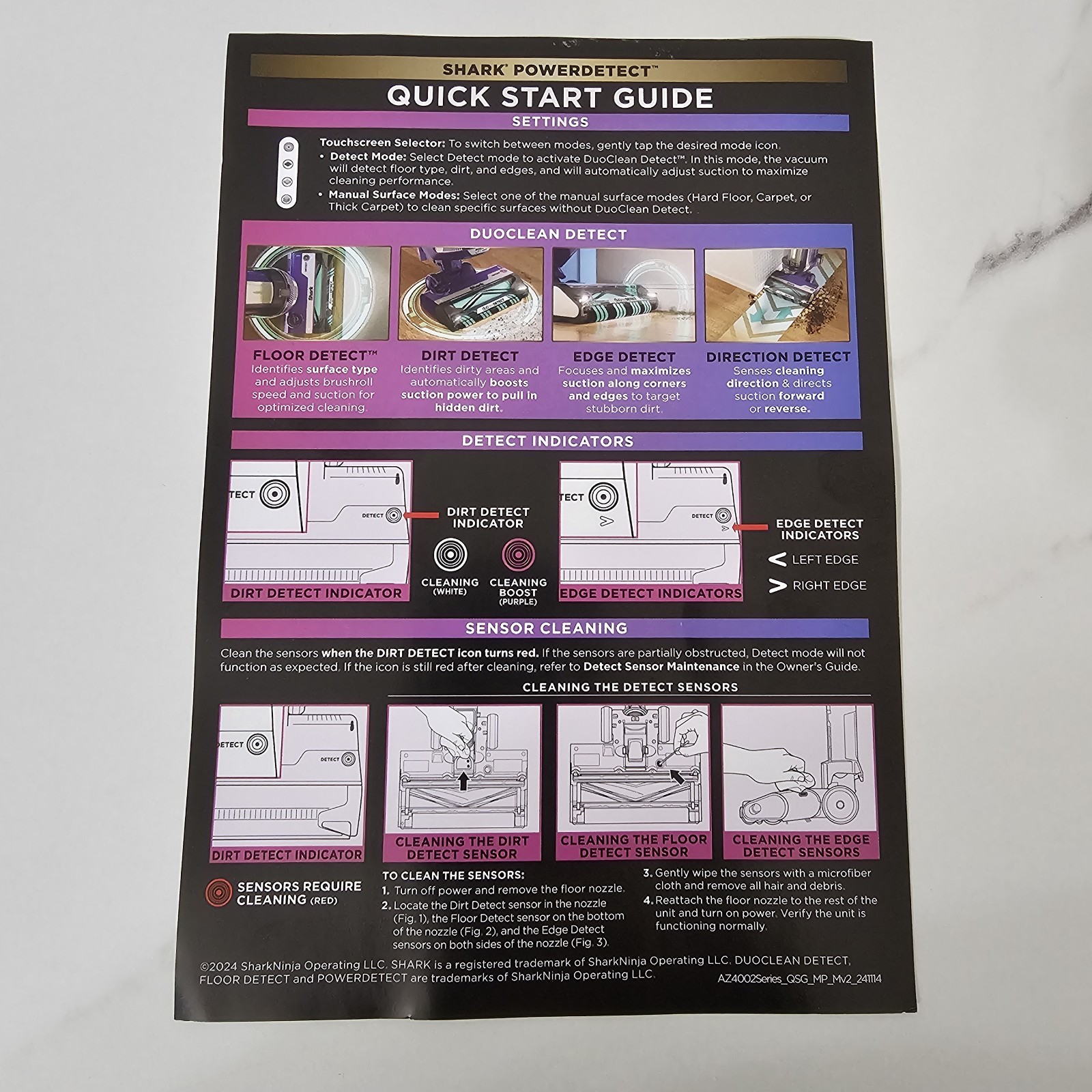 Shark Powerdetect Upright Vacuum AZ4000 Owners Guide & Quick Start Guide