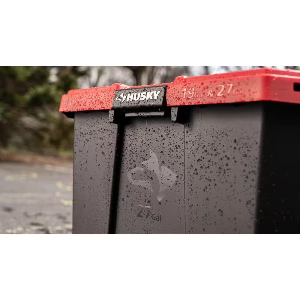 Husky 27 Gallon Storage Tote Bin Heavy Duty Stackable Lockable Lid Black Red