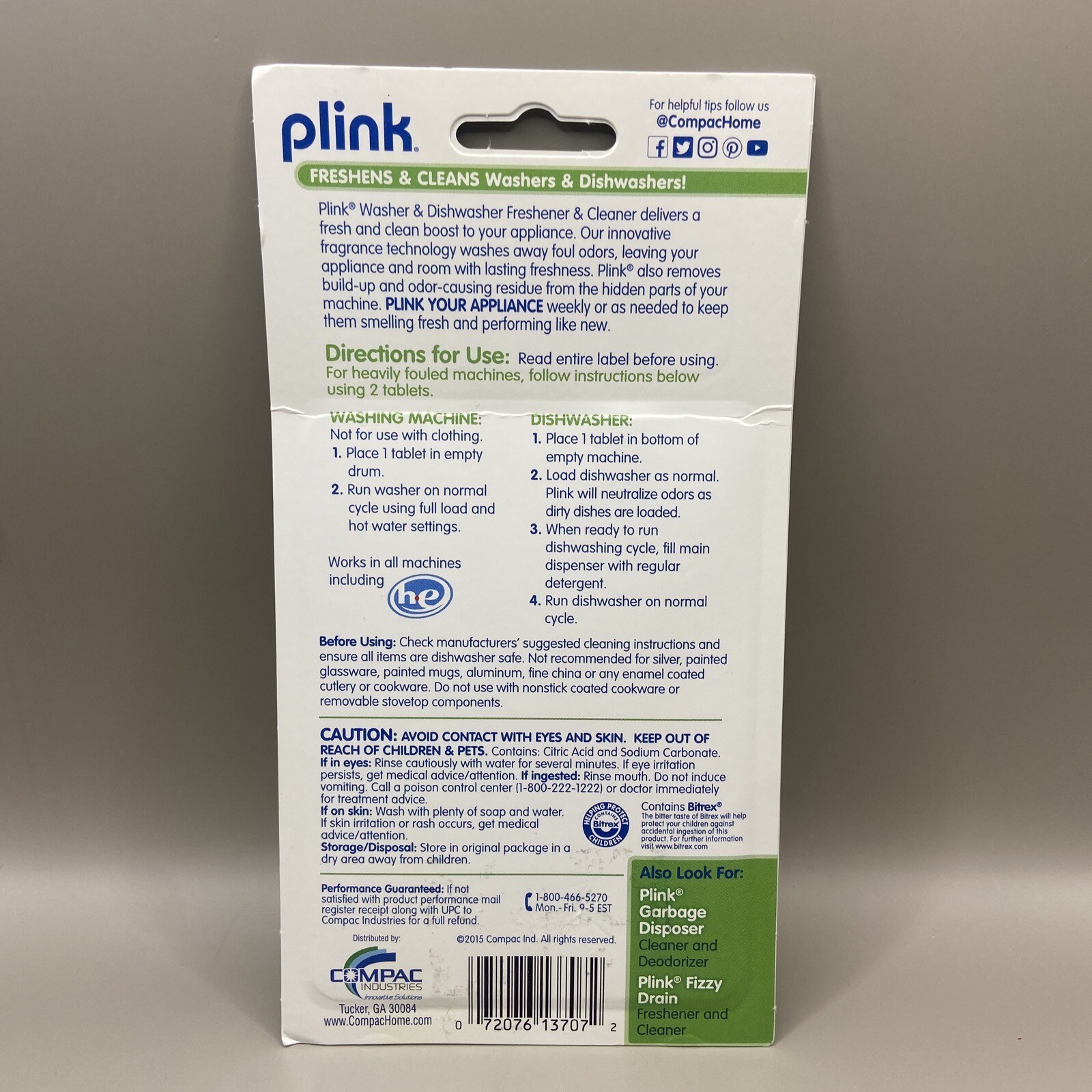 Compac Home PLINK Washer & Dishwasher Freshener & Cleaner ~ 4 Pack LEMON SCENT