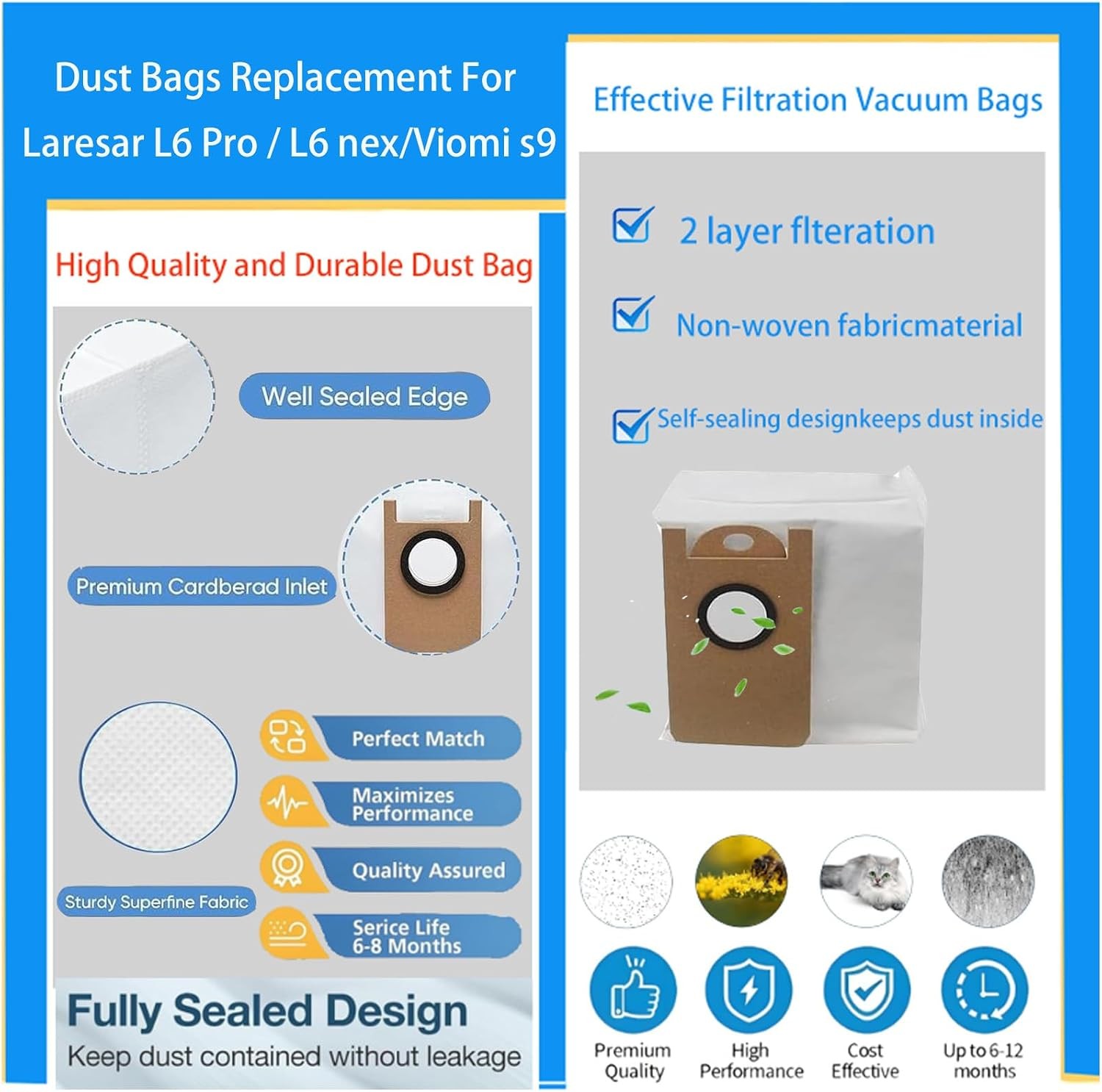Dust Bags Replacement For Laresar L6 Pro L6 nex Viomi s9 10 Pack Durable