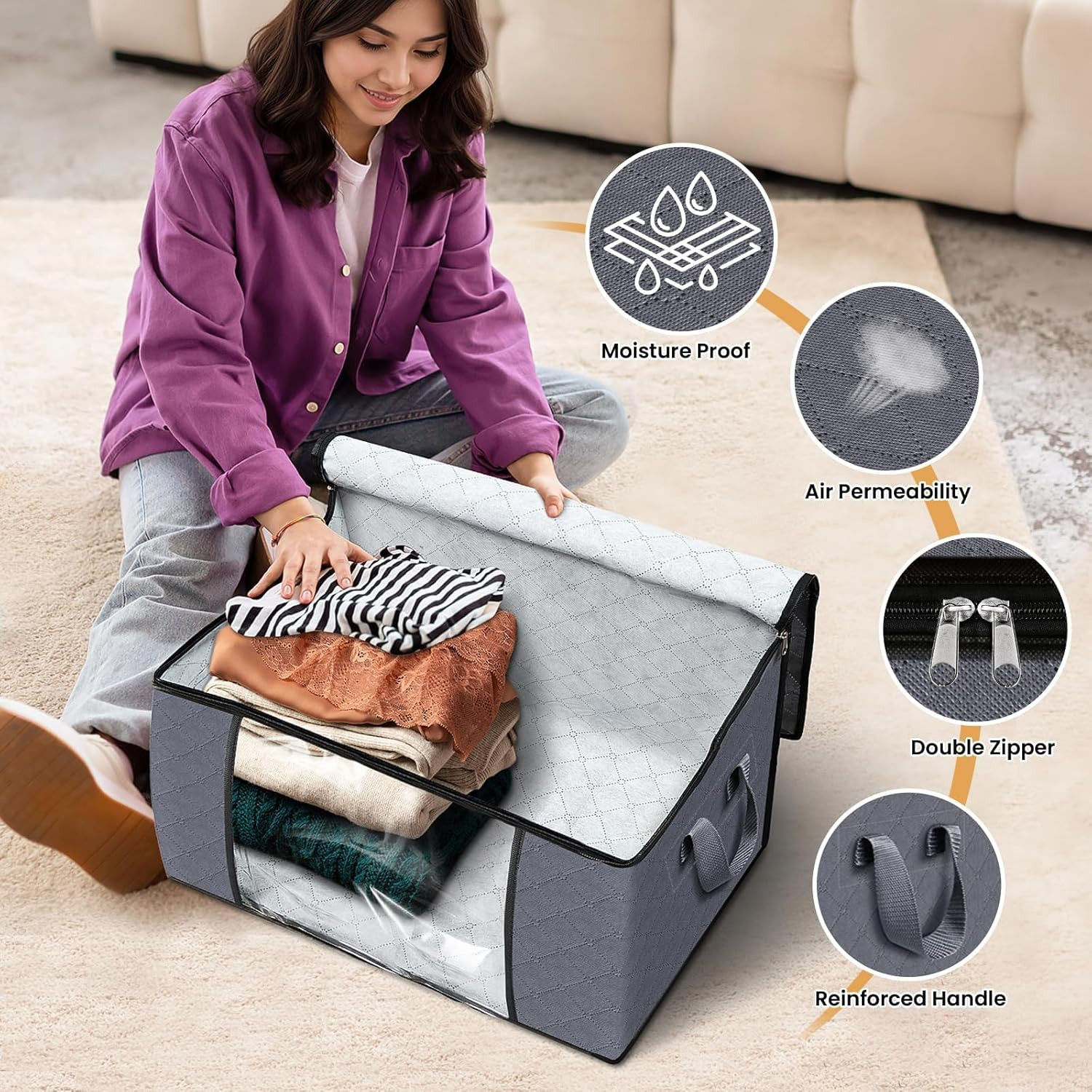 6 Pack Storage Bags for Clothes Blanket Storage Bins with Lids | Foldable Closet