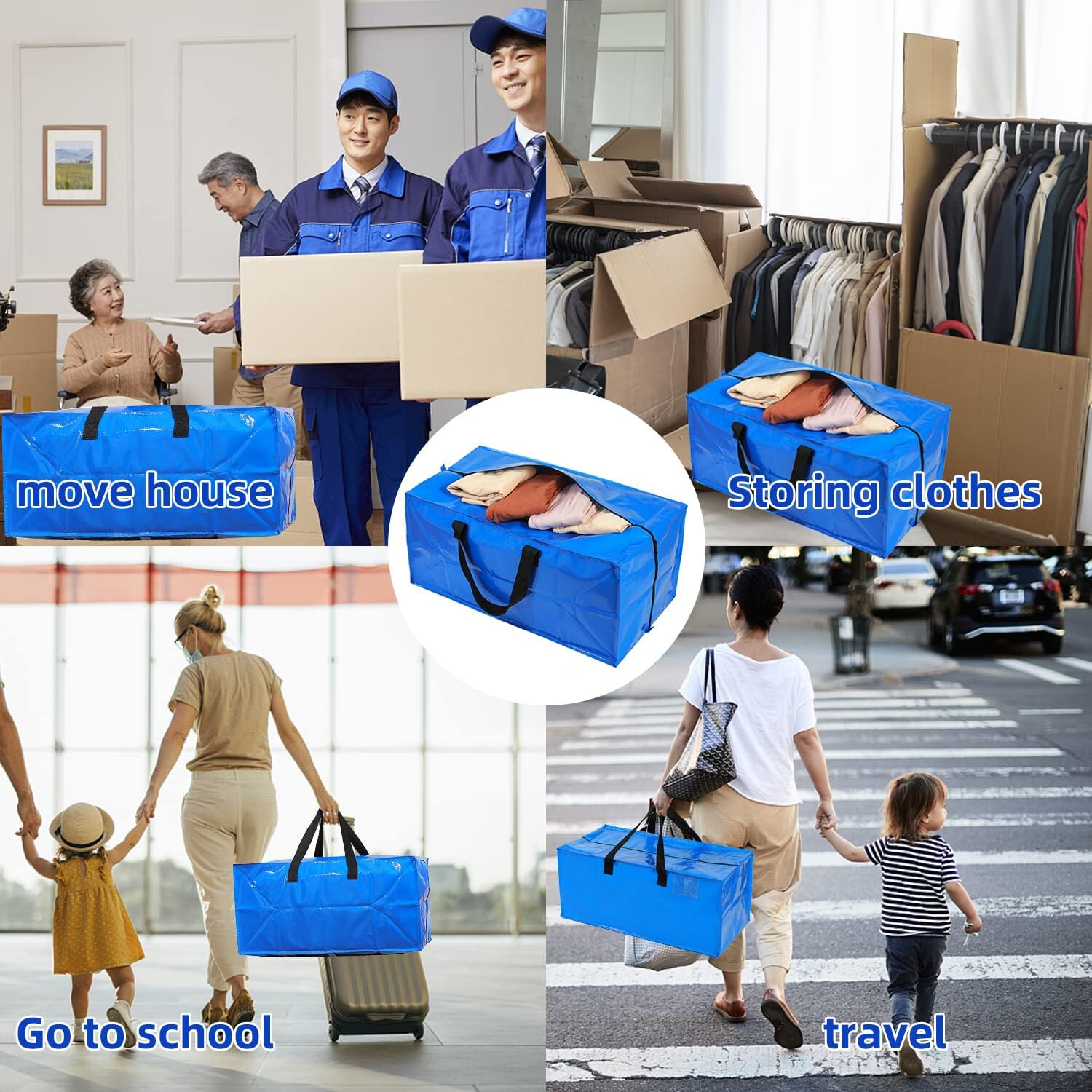 2/6 Pack Moving Bags Heavy-Duty Extra Large, Blue Moving Totes W/ Zippers Handle
