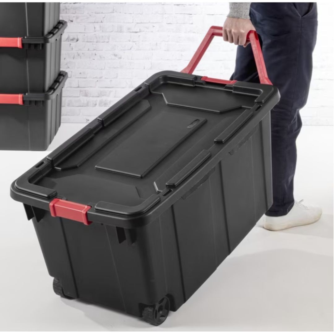 (2 Pack) Sterilite 40 Gallon Wheeled Storage Tote Black Latching Lid Pull Handle