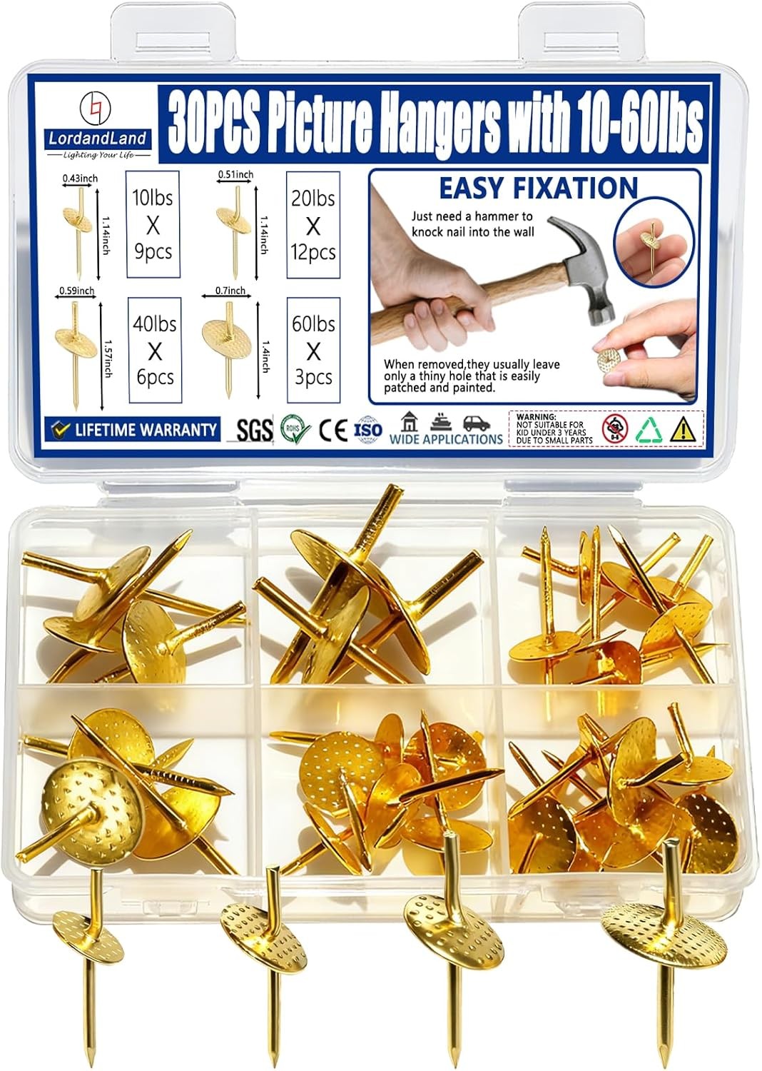 30 pcs Picture Hangers with 10-60lbs, 4 Different Size Picture Hangers, Iron All
