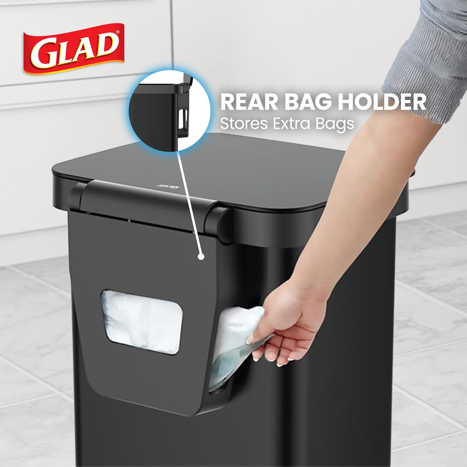Glad Step Trash Can, Soft Close Bin w/Odor Protection, 20 Gal, Black (Open Box)