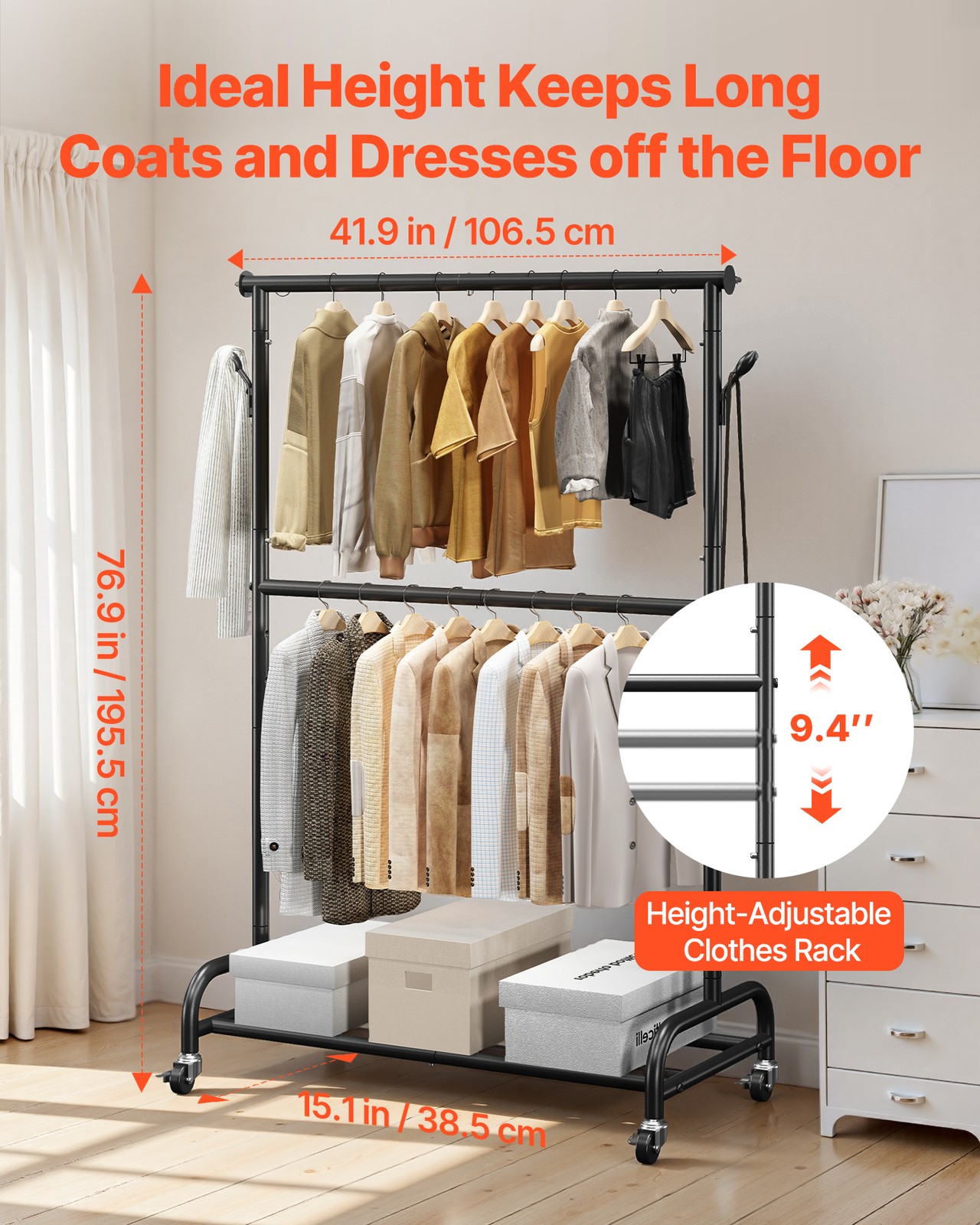 VEVOR Rolling Clothes Rack with Adjustable Crossbar & Side Hooks 150 lbs Load