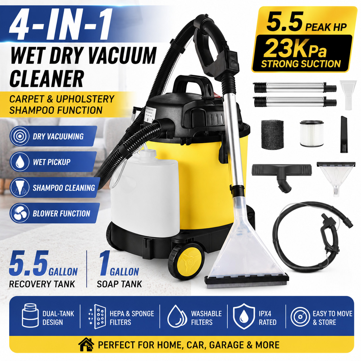 Vacmaster 6 Gallon 5.5HP Wet Dry Car Vacuum Cleaner Upholstery Shampoo 4-IN-1