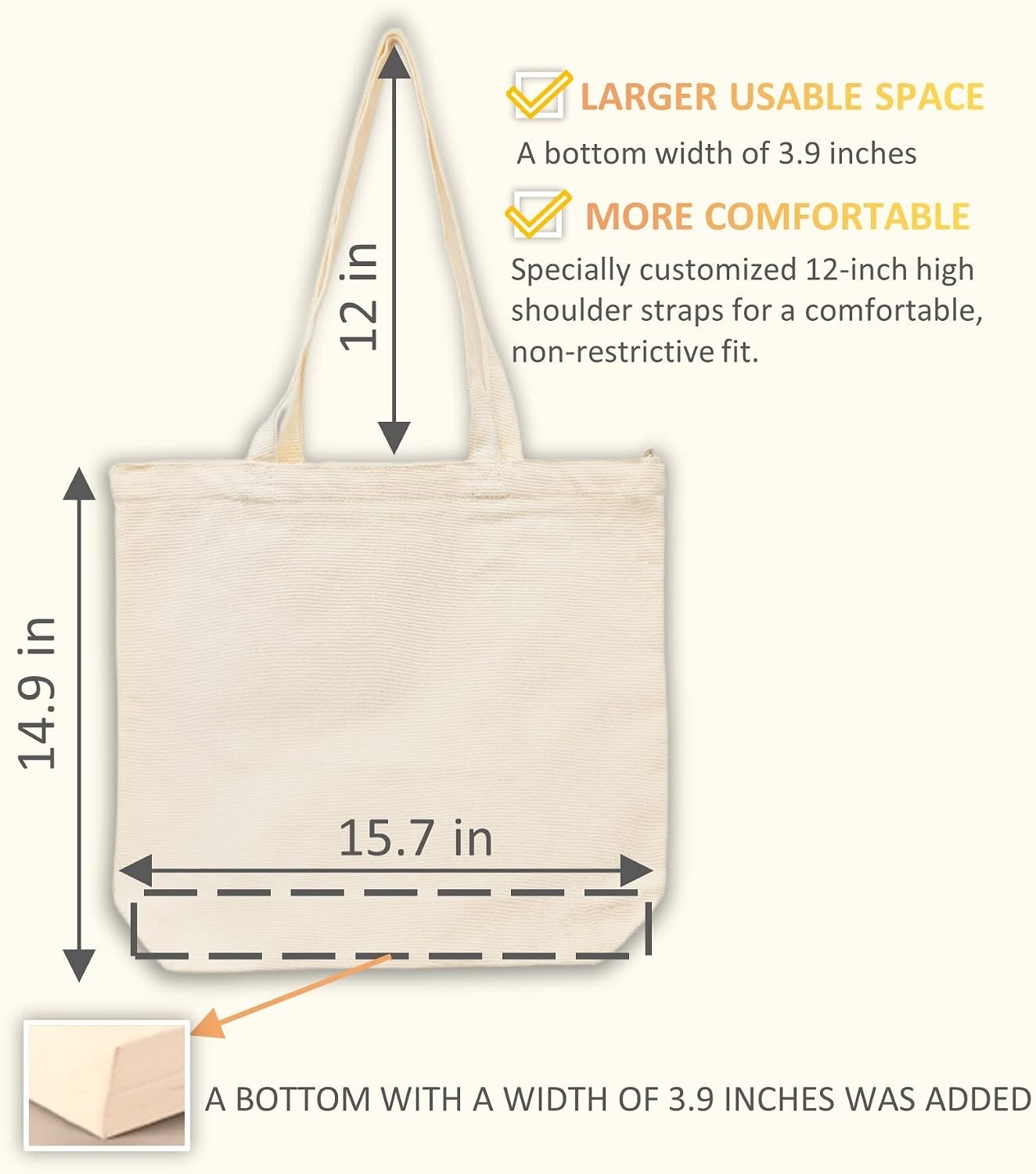 Canvas Tote Bag, Pockets, Zipper, Durable, Lightweight, Cotton Shopping Cloth