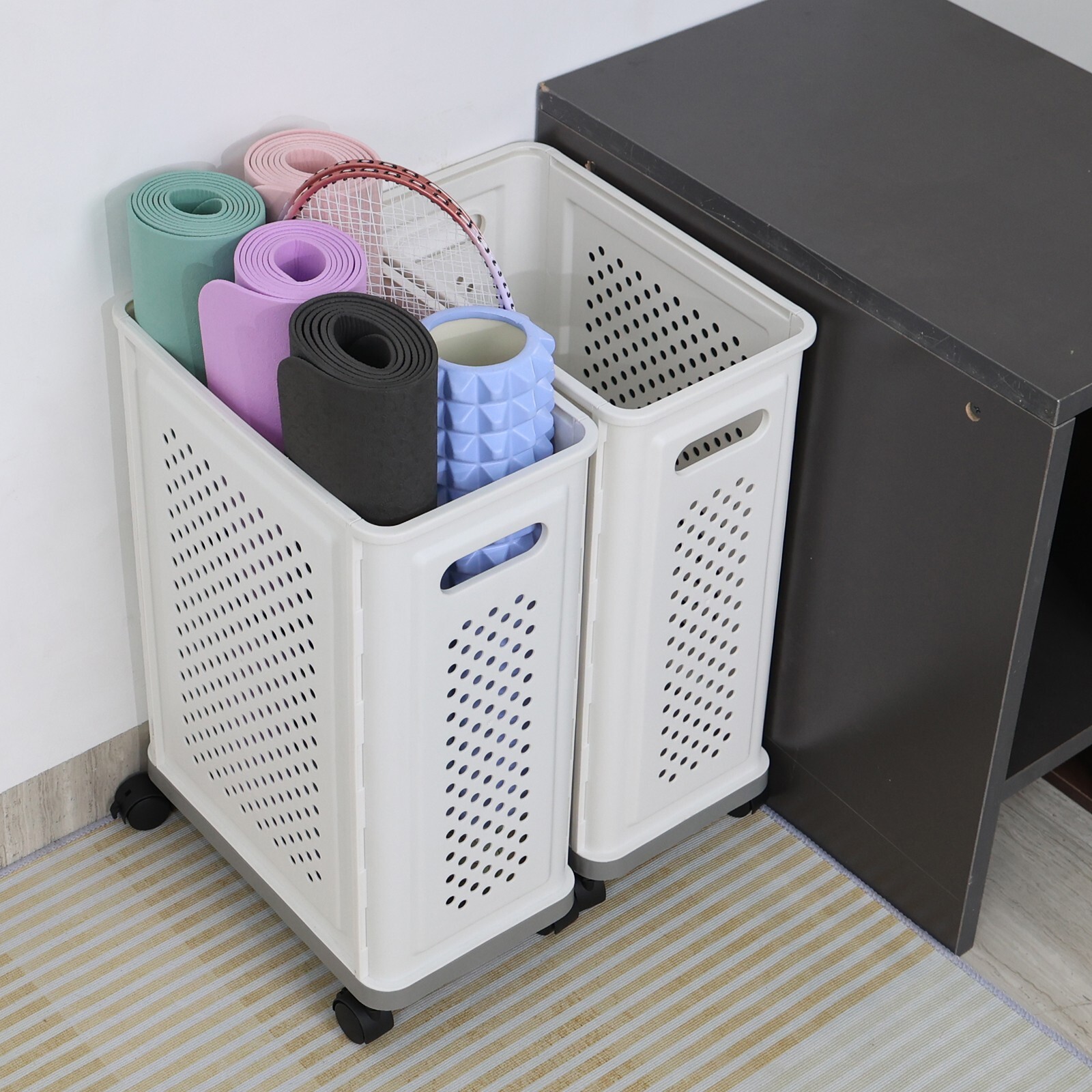 4 Packs Yoga Mat Plastic Laundry Hamper 38L Narrow Laundry Basket with Wheels