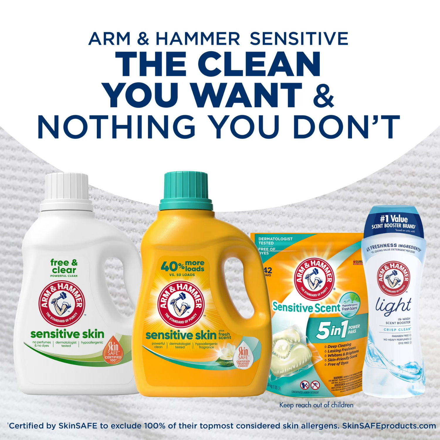 ARM & HAMMER Free & Clear Sensitive Skin Detergent 105oz 105 Loads, 4 Pack