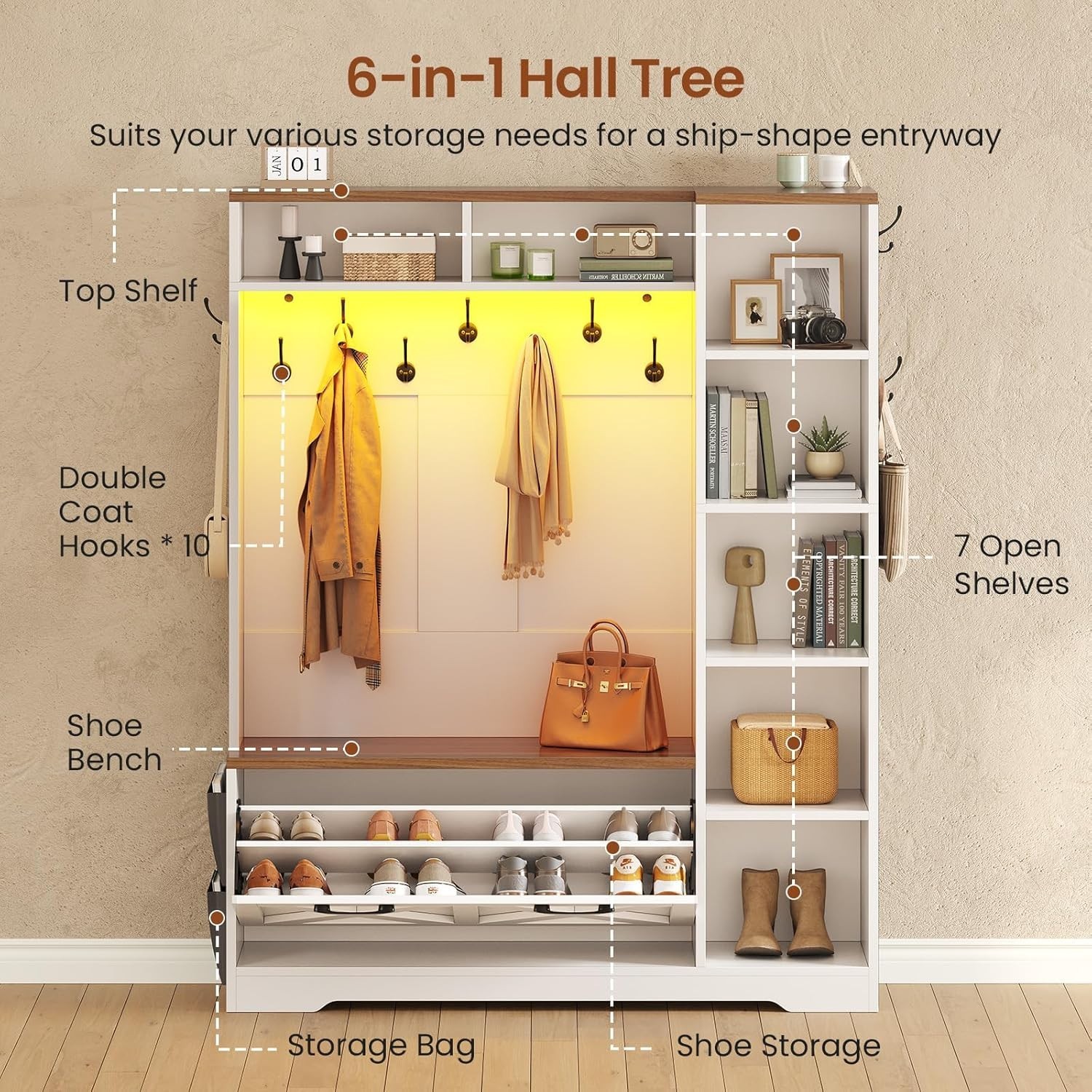 Hall Tree with Shoe Storage, Farmhouse Entryway Bench w/Flip Drawers &Led Lights