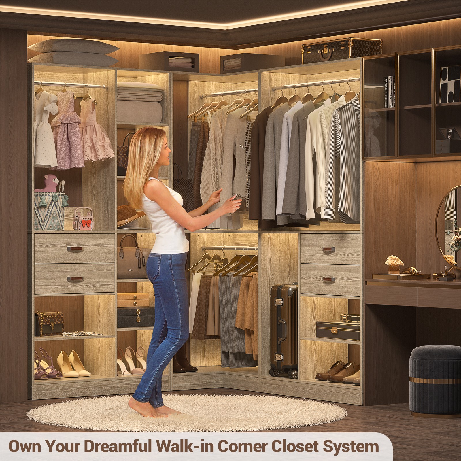 32″ Wide Wood Corner Closet Organizer System with 2 Hanging Rod & Storage Shelve