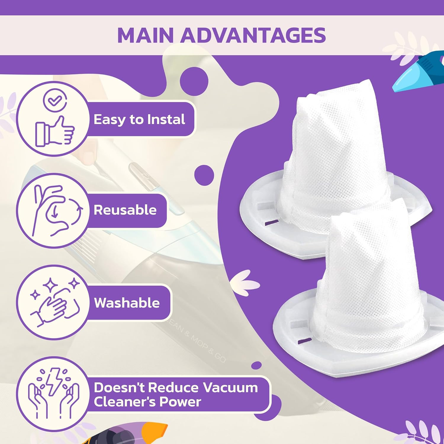 8 Pcs Reusable Black and Decker Filters for Hand Vac – Washable & Reusable VF110
