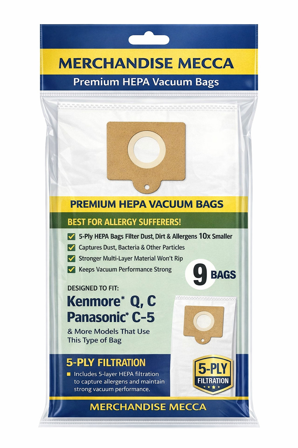 9 HEPA Vacuum Bags To Fit Kenmore 5055 C /Q- CLOTH TYPE