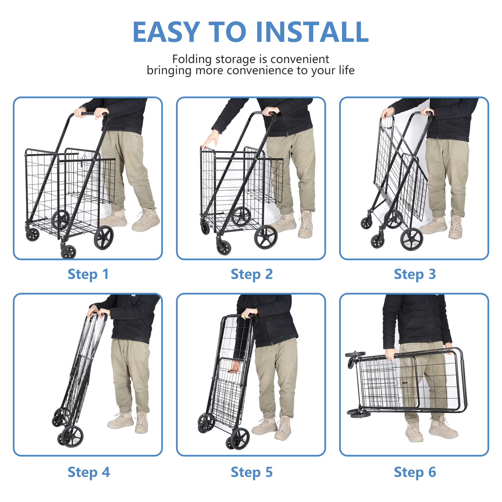 Folding Shopping Cart Rolling Trolley Utility 2 Basket W/Wheel for Laundry Black