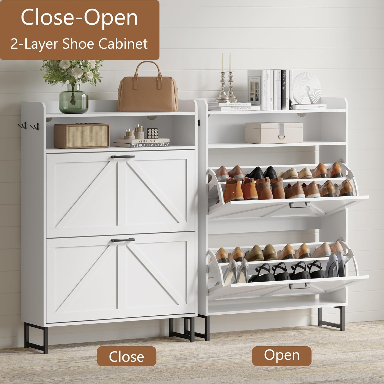 Shoe Cabinet with 2 Flip Drawers, Freestanding Hidden Shoe Storage Organizer for