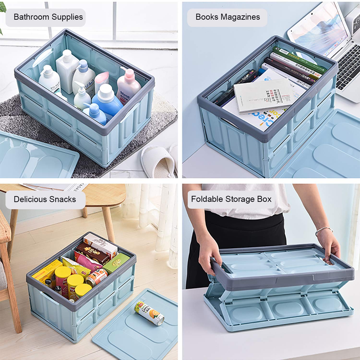 Lidded Storage Bins 2 Pack 30L Blue – Stackable Collapsible Plastic Crates