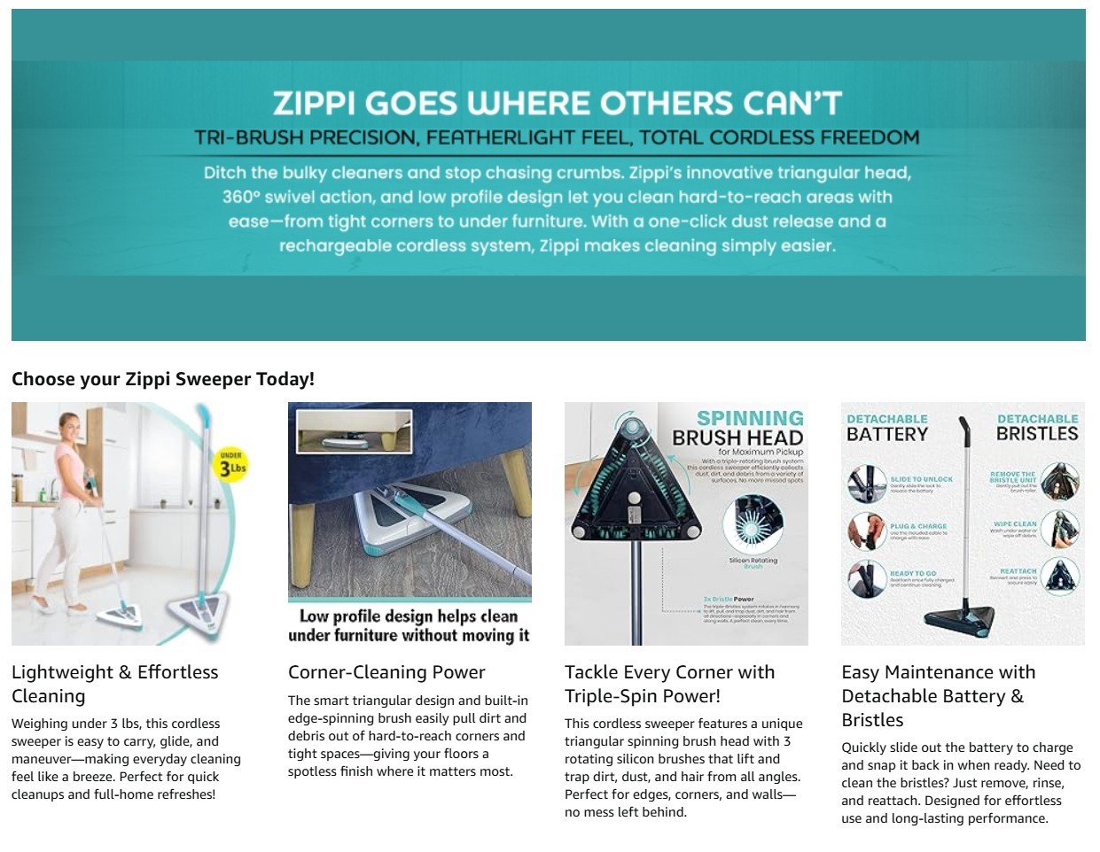 Zippi Sweeper Max- Powerful and Lightweight Sweeper, Perfect for Carpet Hardwood