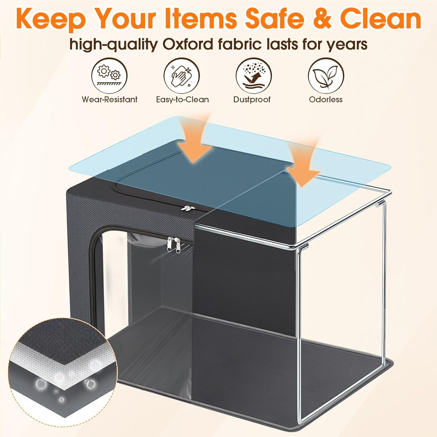 4 Pack Clothes Storage Bins with Metal Frame, Light Grey, 40L | Foldable Storage