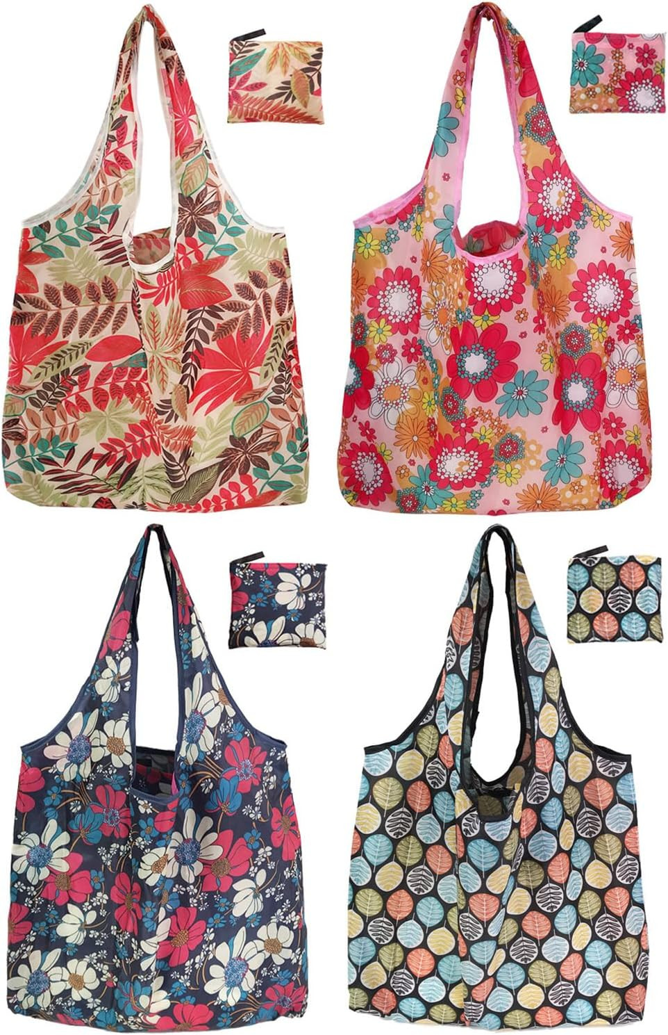 Cute Reusable Grocery Bags, 4 Pack (50Lbs Capacity) – Foldable & Washable Market