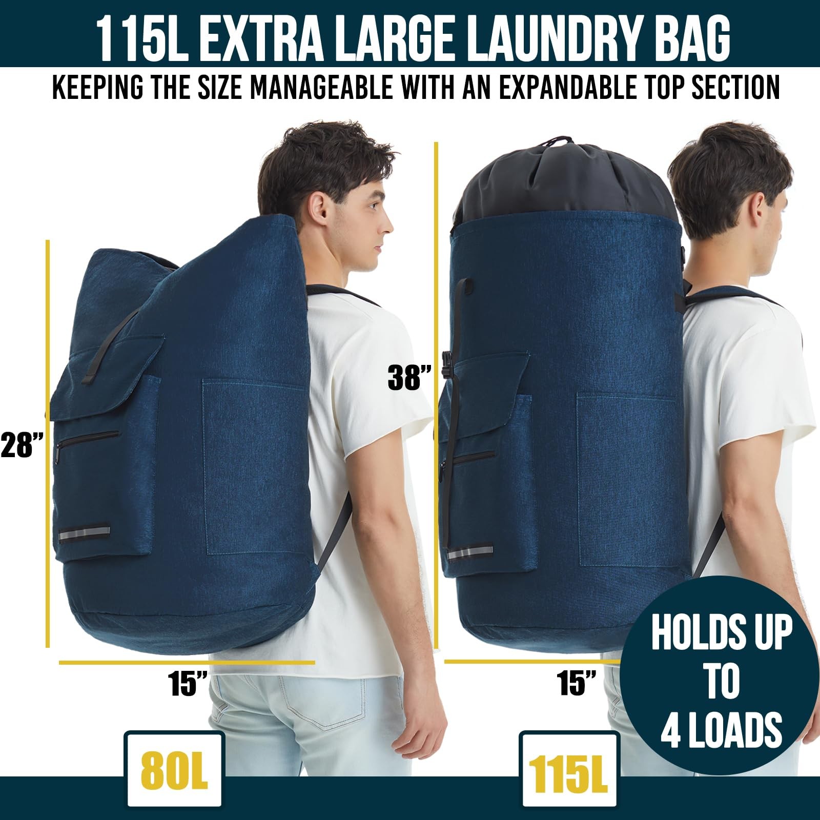 115L Heavy Duty Laundry Backpack w/Straps, XL Bag for Dorm Room, 28-38″H