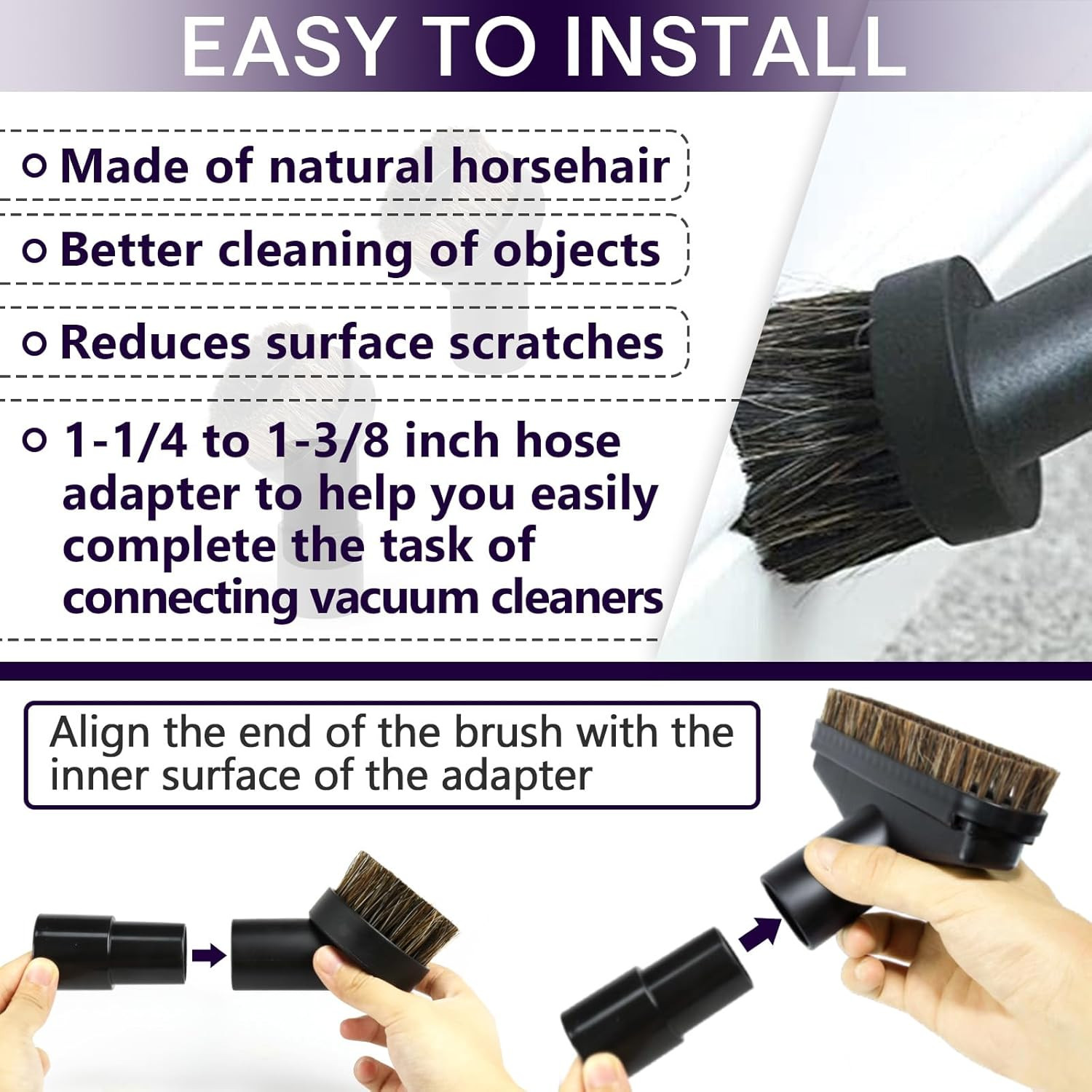 5PCS Horse Hair Brush Vacuum Attachment Set – Black round Vacuum Attachments & B