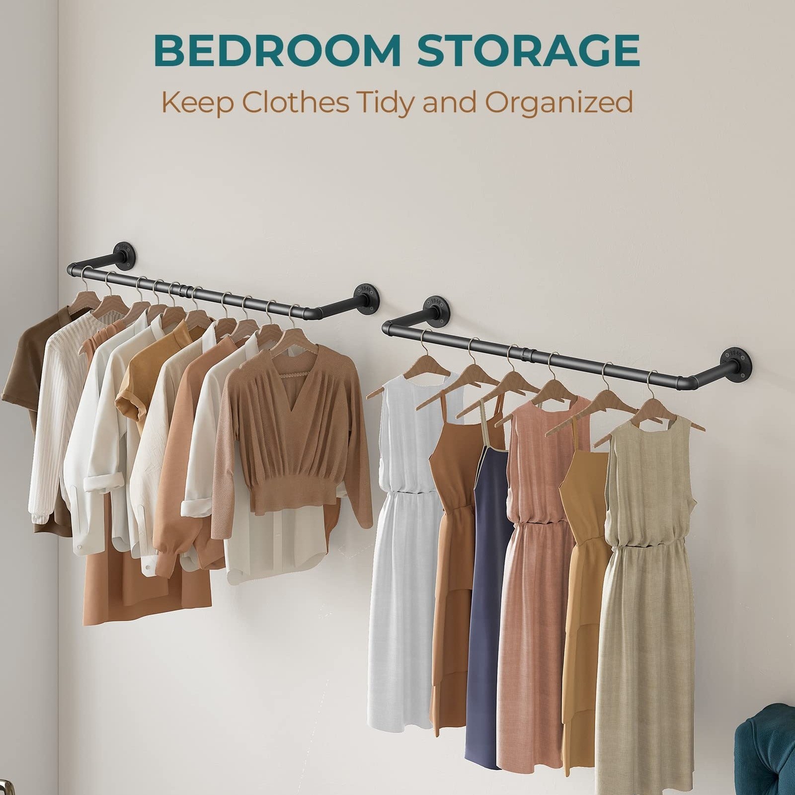 Industrial Pipe Clothes Rack Wall Mounted Set of 2, 38.4 inches Heavy Duty Iron