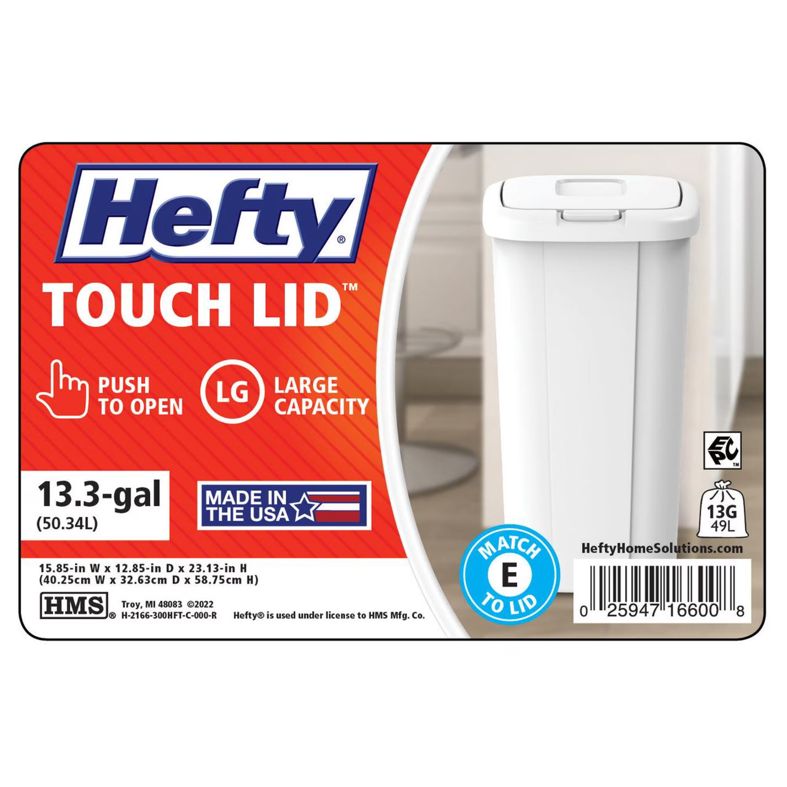 Hefty 13.3 Gallon Kitchen Trash Can with Touch Top Lid, White