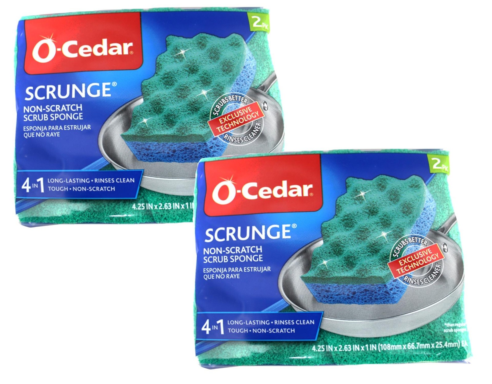 O-Cedar Scrunge Multi-Use Sponge Non-Scratch Long-Lasting, Tough, 2 Count 2 Pack
