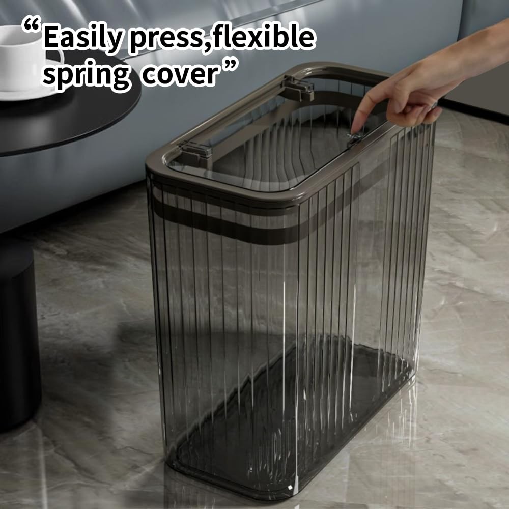 15L/3.5 Gallon Clear Transparent Trash Can Press Top Lid Wastebasket Gray