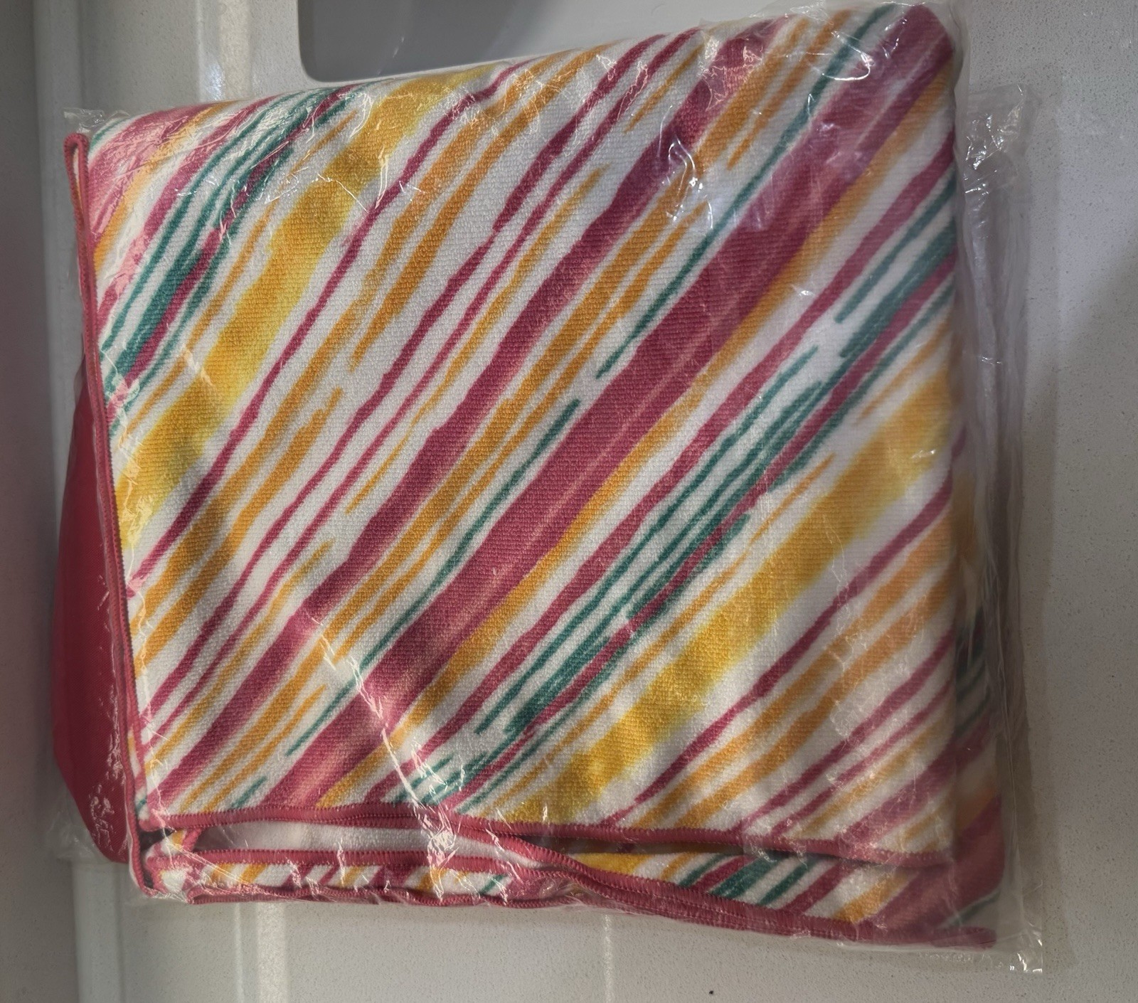 Reusable Shopping Bag Pink/Multicolor Striped w/ Matching Pouch 20x20x15