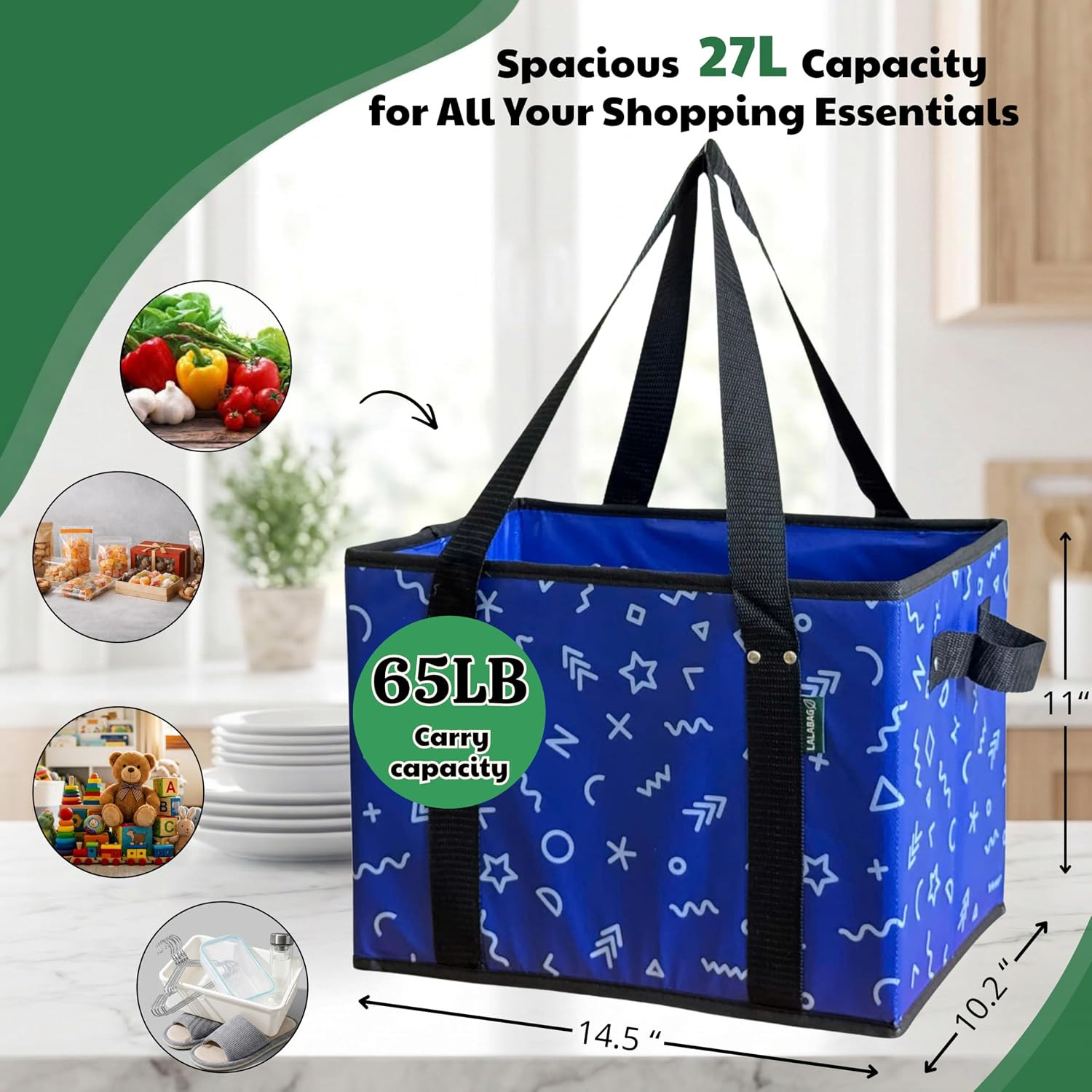Reusable Grocery Bags (3 Pack) – Heavy Duty Foldable Tote Bags with Long Handles
