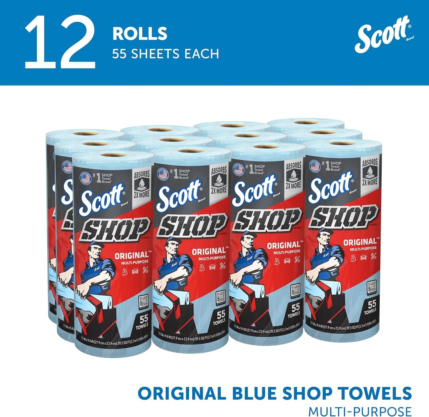 Scott Shop Original Blue Towels (75147), 9.4″x11″(55 Towels/Roll, 12 Rolls/Case)