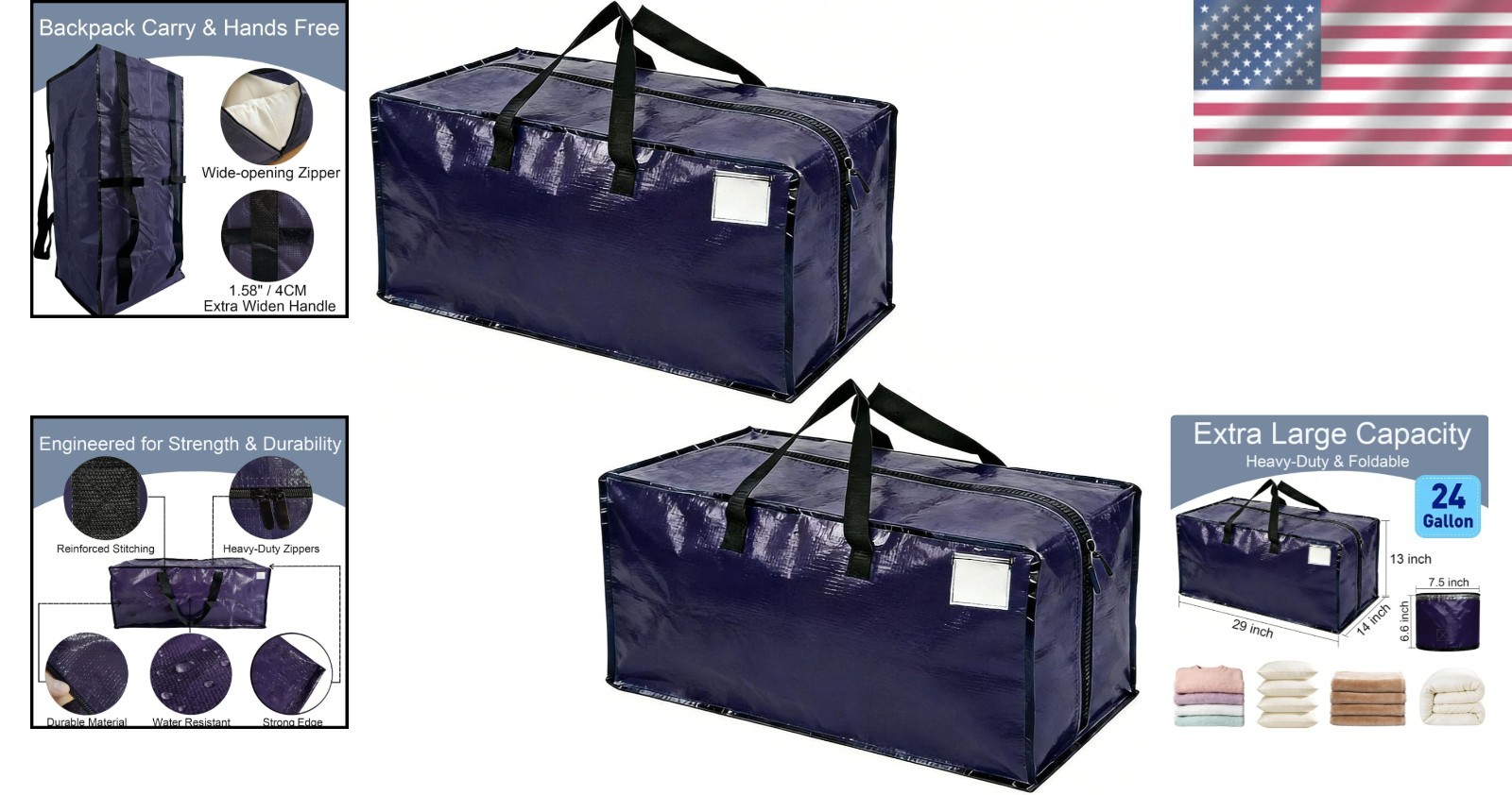 Durable Navy Blue Moving Bags with Straps – Perfect for Storage & Travel, 2 Pack