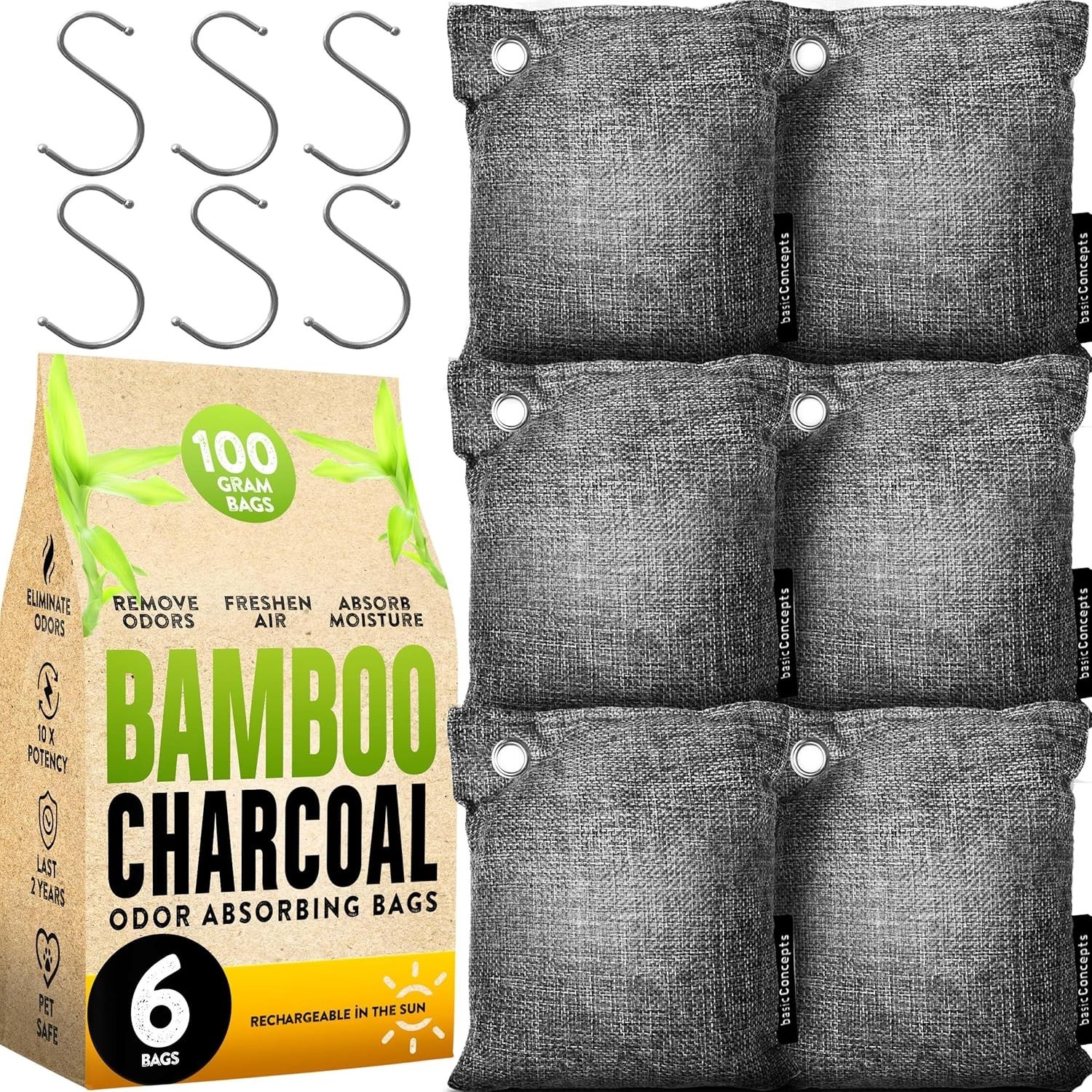 Ultimate Charcoal Odor Eliminator – 6x 100g Reusable Bamboo Bags for All Spaces