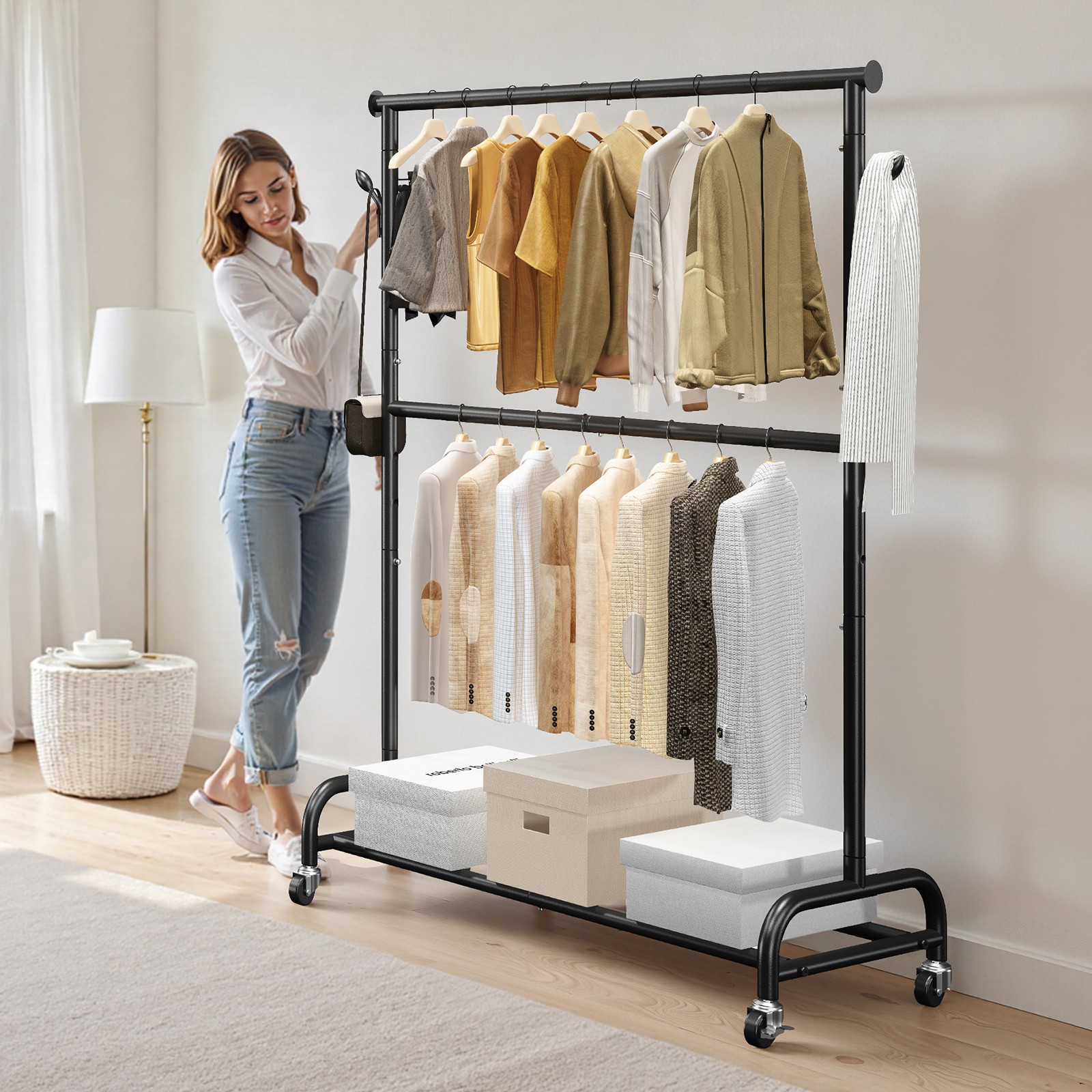 VEVOR Rolling Clothes Rack with Adjustable Crossbar & Side Hooks 150 lbs Load