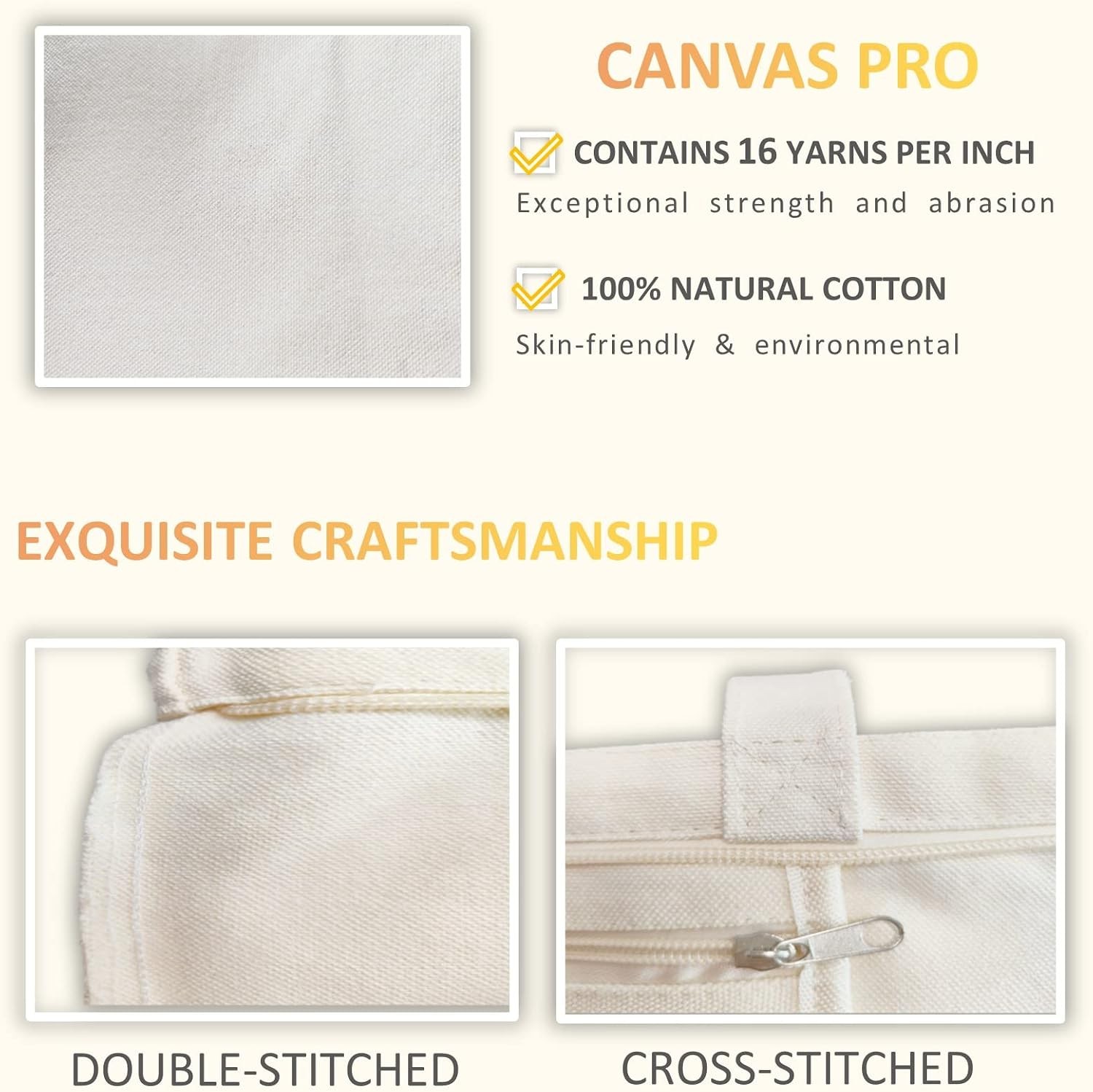 Canvas Tote Bag, Pockets, Zipper, Durable, Lightweight, Cotton Shopping Cloth
