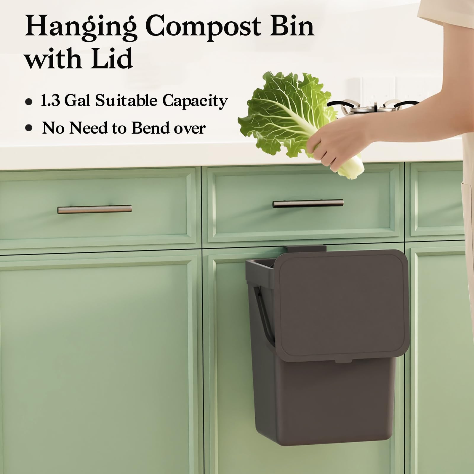 1.3 Gal 5L Countertop Compost Bin Hanging Trash Can Lid Under Sink Mount Black