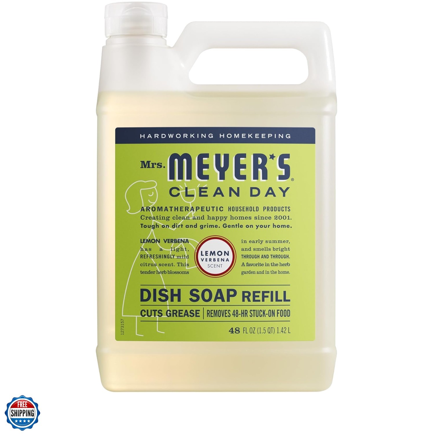 MRS. MEYER’S CLEAN DAY Liquid Dish Soap Refill, Lemon Verbena 48 Fl Oz Pack of 1