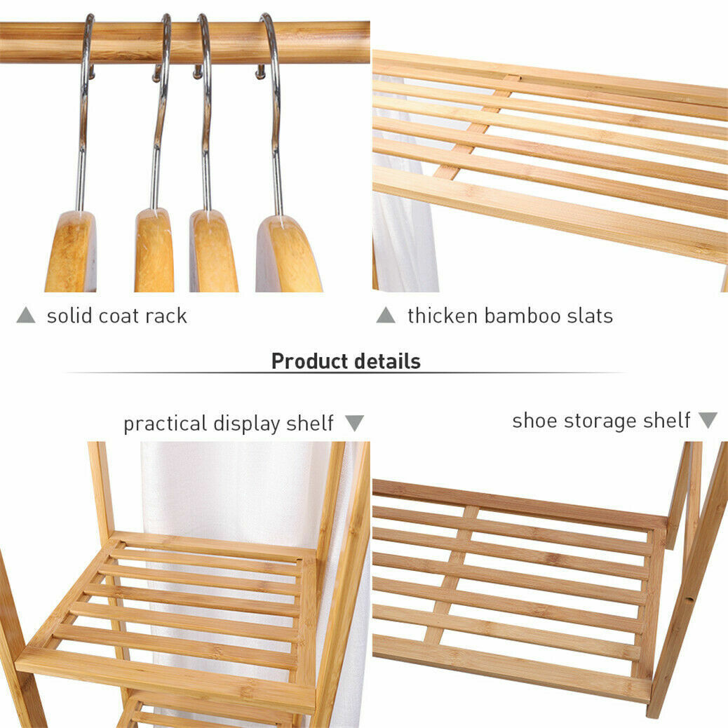 Bamboo Wood Garment Rack Clothes Hanging Stand Shoe Coat Storage Organizer Shelf