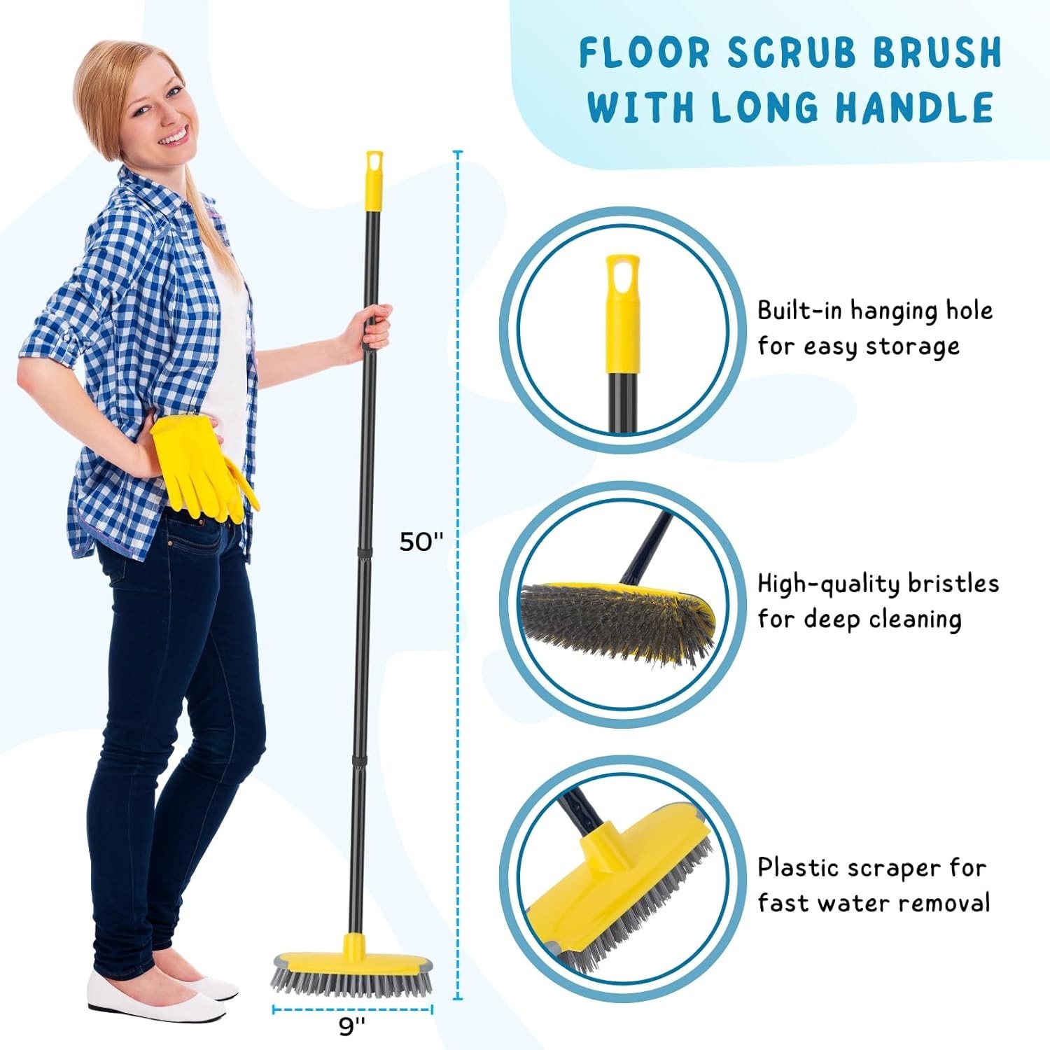 Deck Brush with Long Handle, Floor Scrub Broom for Shower