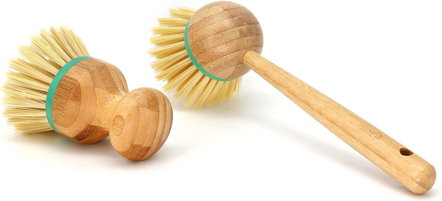 Set of 3 Bamboo Dish Scrub Brushes Wooden Handle Stiff Bristles Scrubbers for