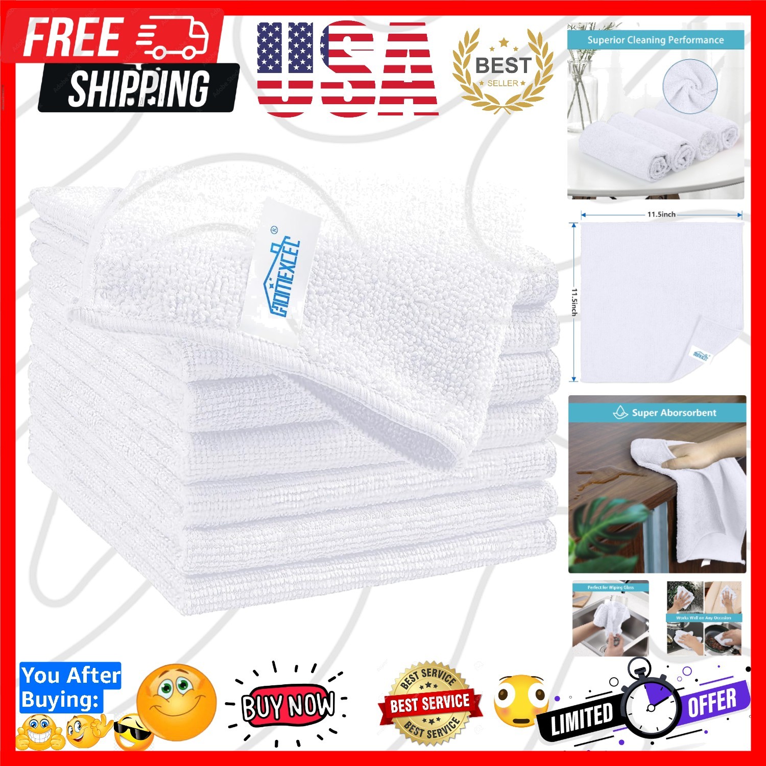 8PK Microfiber Cleaning Cloth, Cleaning Rags for Home, 11.5×11.5in | Reusable…