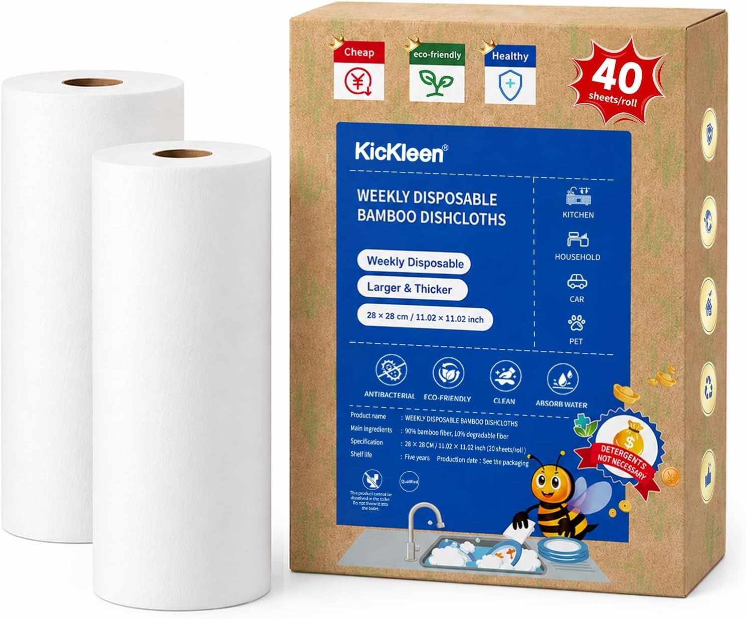 2 Rolls Kickleen Reusable Ultra Absorbent Bamboo Dish Cleaning Cloths | Heavy Du