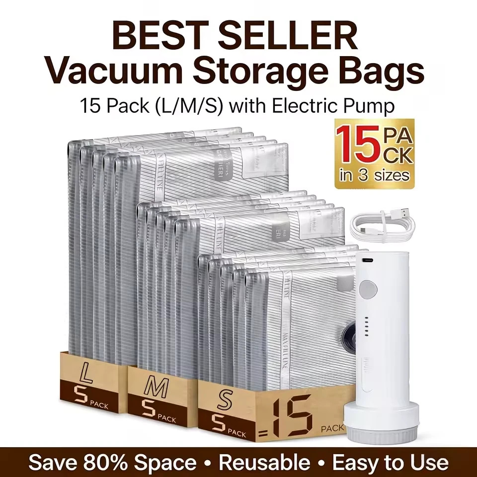 Travel Vacuum Bags w/ Rechargeable Air Pump Compression Packing Space Saver Set