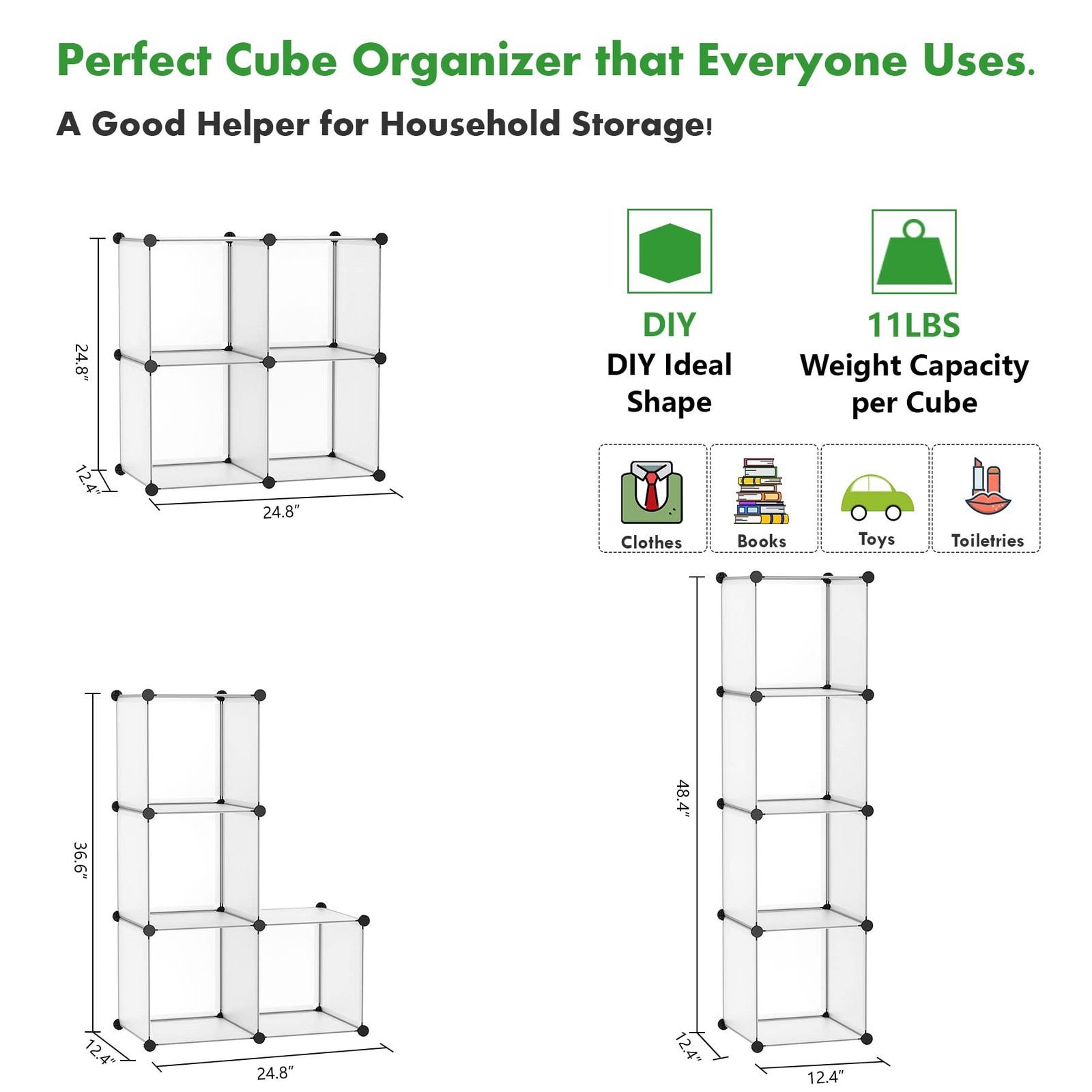 Plastic Cube Storage Organizer, 4-Cube Shelves Units, White