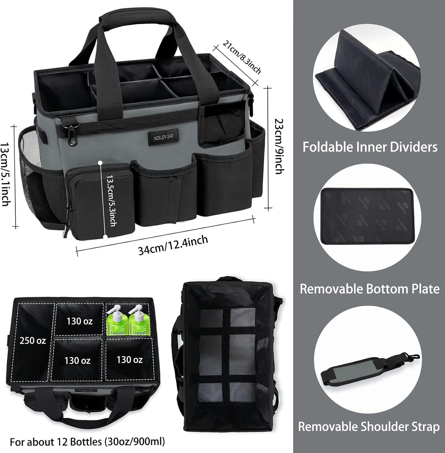 Wearable Cleaning Caddy Bag Adjustable Shoulder Waist Straps Grey Large