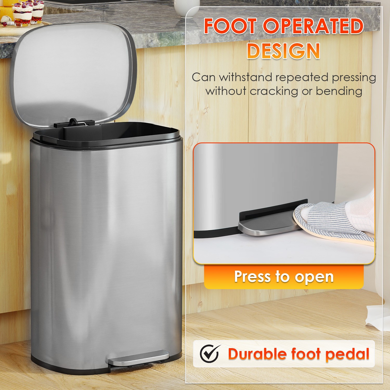 13 Gallon/50 Liter Trash Can with Lid Step, Fingerprint-Proof Kitchen Trash Bin