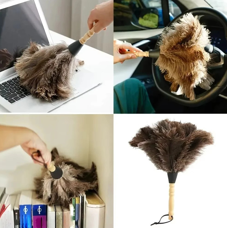 1 pc Feather Duster Ostrich Feather Brush Wooden Handle Cleaning Tool